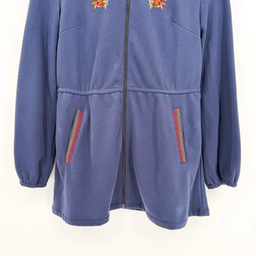 Solitaire Floral Embroidered Casual Zipper Front Hoodie Blue Medium